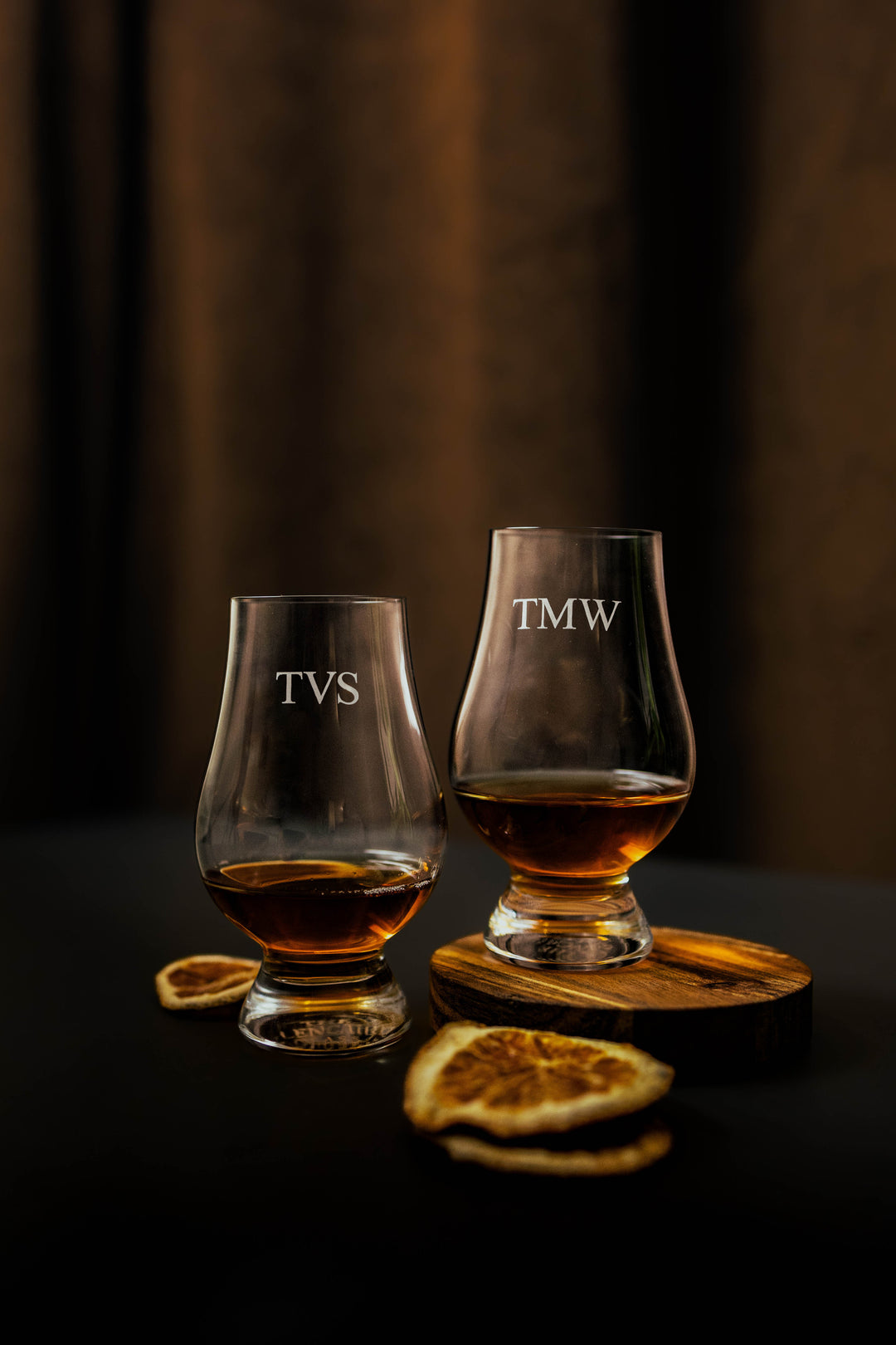 Set of jack Glencairn whiskey glasses both engraved with initials