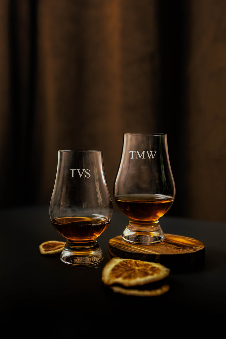 Set of jack Glencairn whiskey glasses both engraved with initials