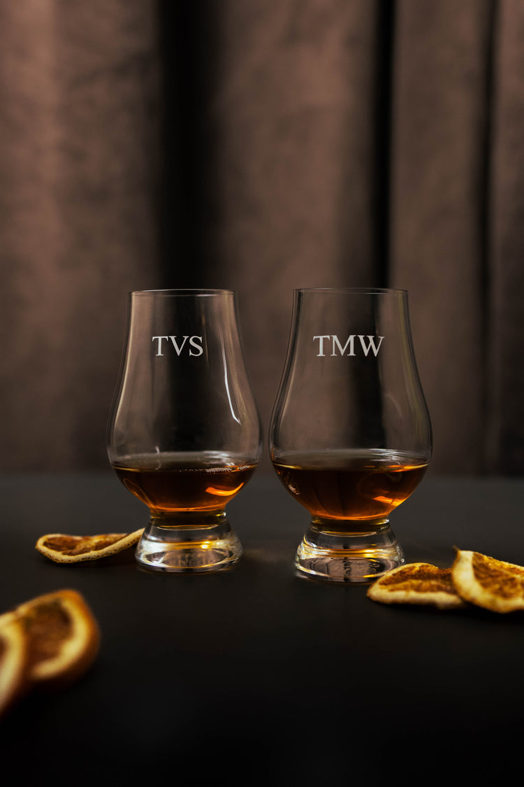 Pair of Jack Glencairn Whisky tasing glasses with monogram