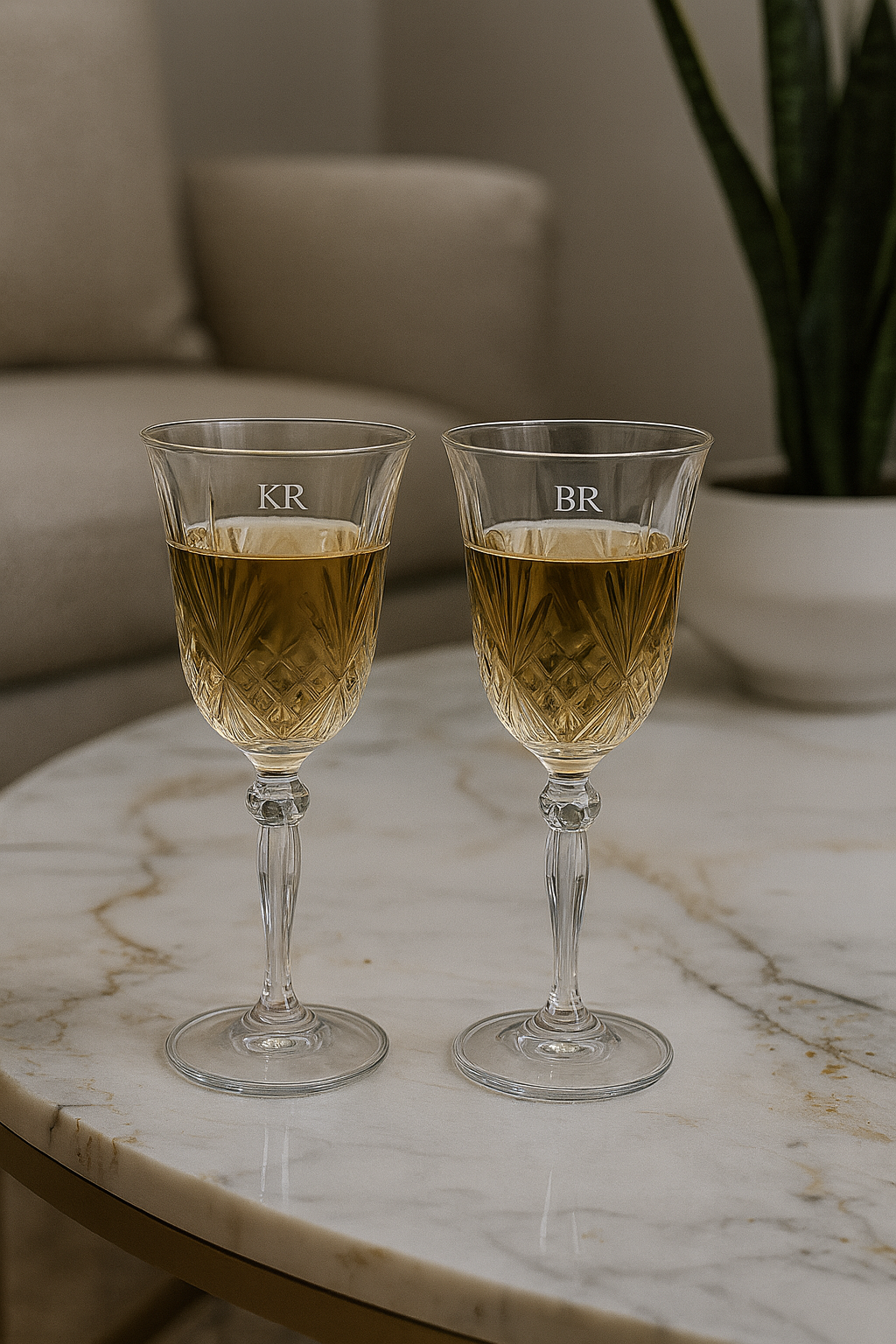 Two engraved monogrammed wine glasses