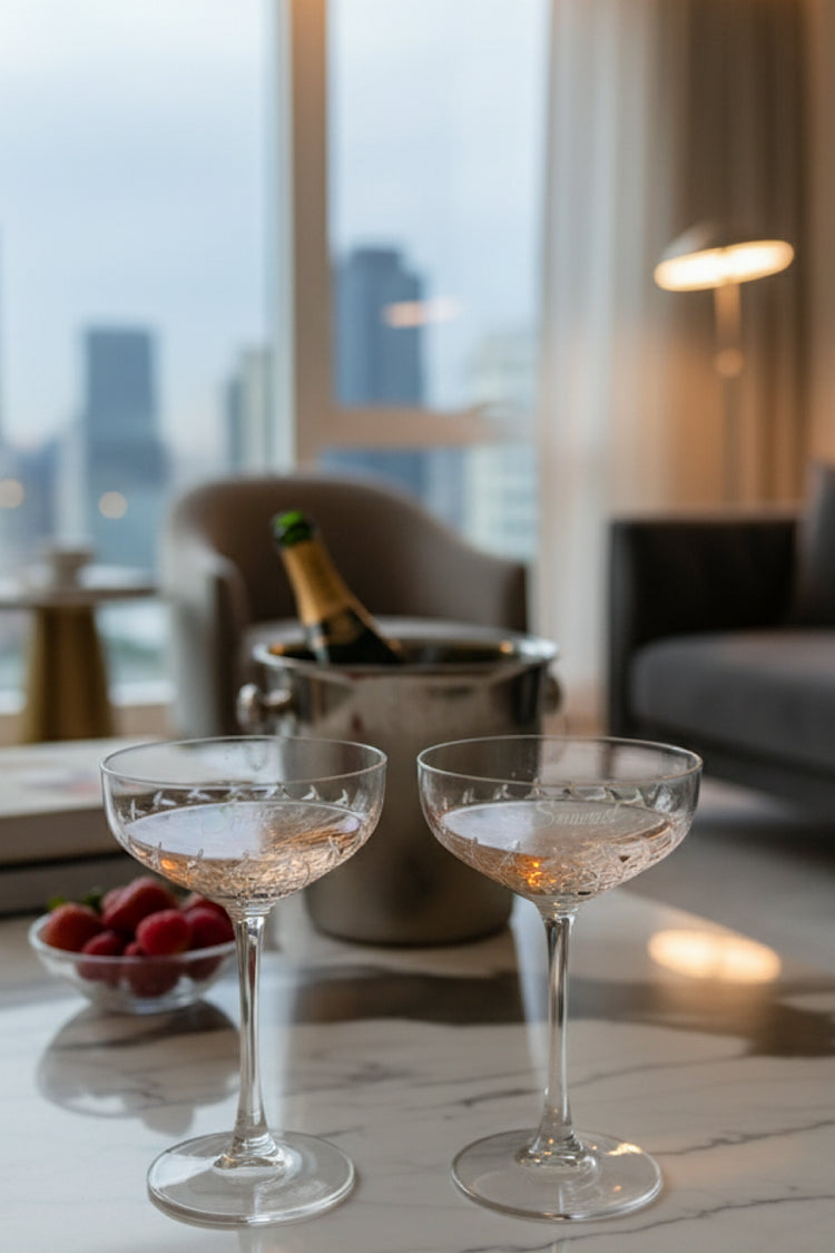 Set of customised champagne coups
