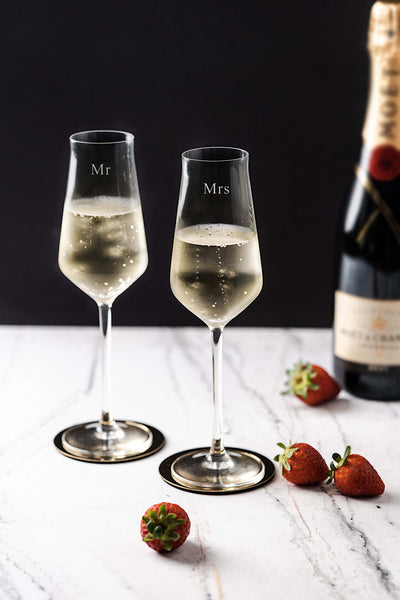 Pair of engraved mr and mrs champagne glasses