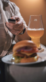 monogrammed engraved Beer Glass with burger